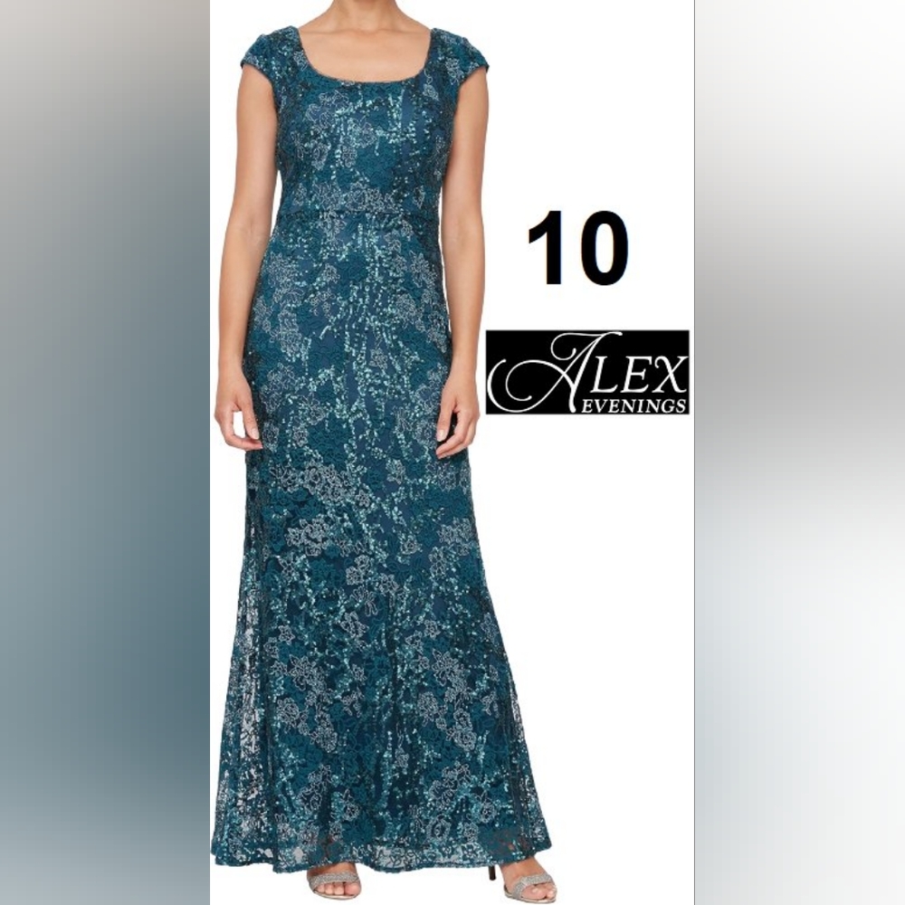 Alex Evenings Long Embroidered Cap Sleeve Dress